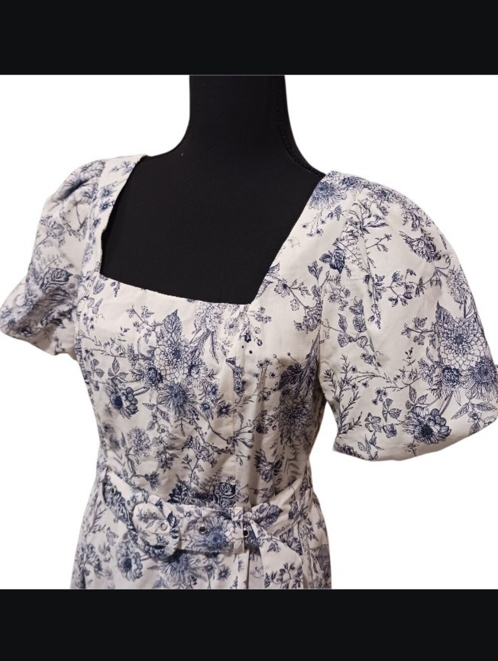 SOLD Indigo Rose Floral Toile Puff Sleeve Belted Cottage Midi Dress - Picture 3 of 9